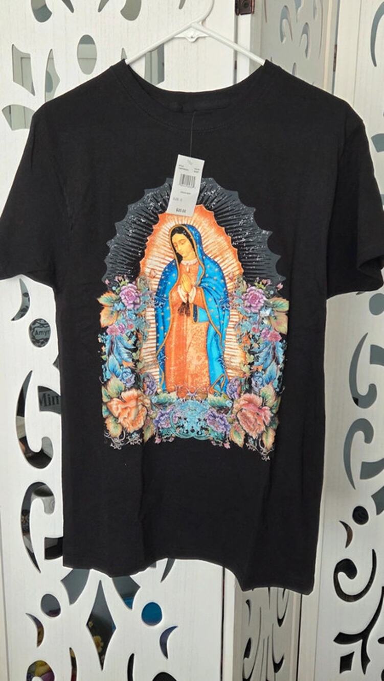 Virgin Mary Guadalupe Graphic T Shirt Black Floral Religious Tee Small NWT